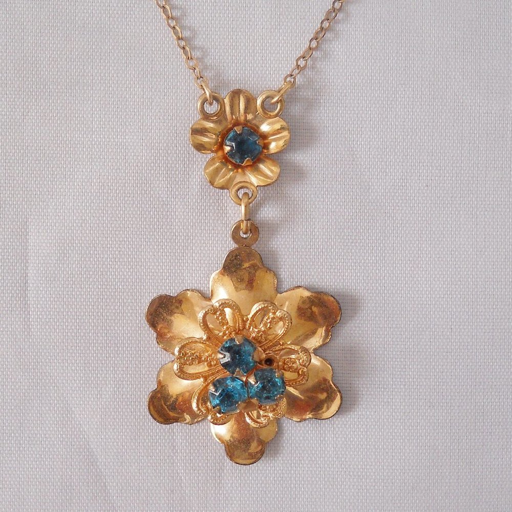Flower Pendant Necklace, Blue Crystals, Gold Filled, Barclay